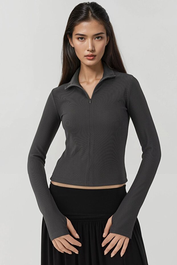 Zippered Long Sleeve Ribbed Polo Active Top