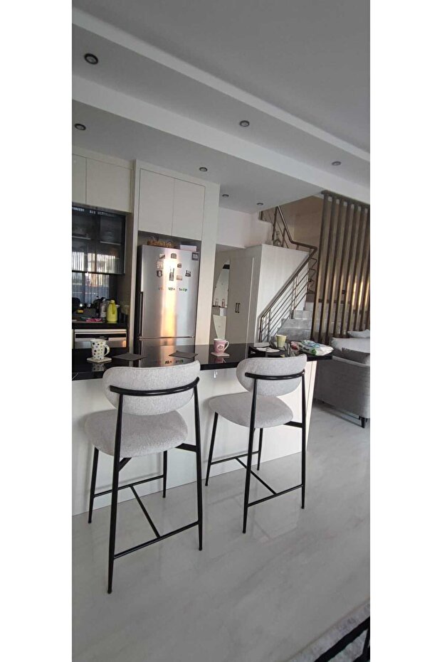 Hanev Serisi 1 Adet 65 Cm Gri Ada Mutfak Bar Sandalyesi Siyah Metal Ayak - 6