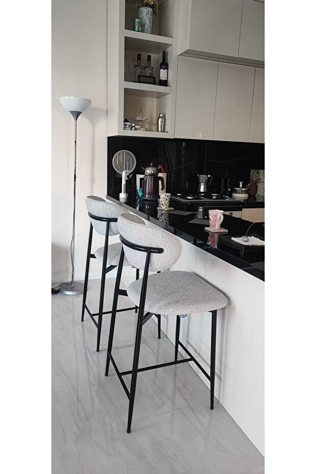 Hanev Serisi 1 Adet 65 Cm Gri Ada Mutfak Bar Sandalyesi Siyah Metal Ayak - 7