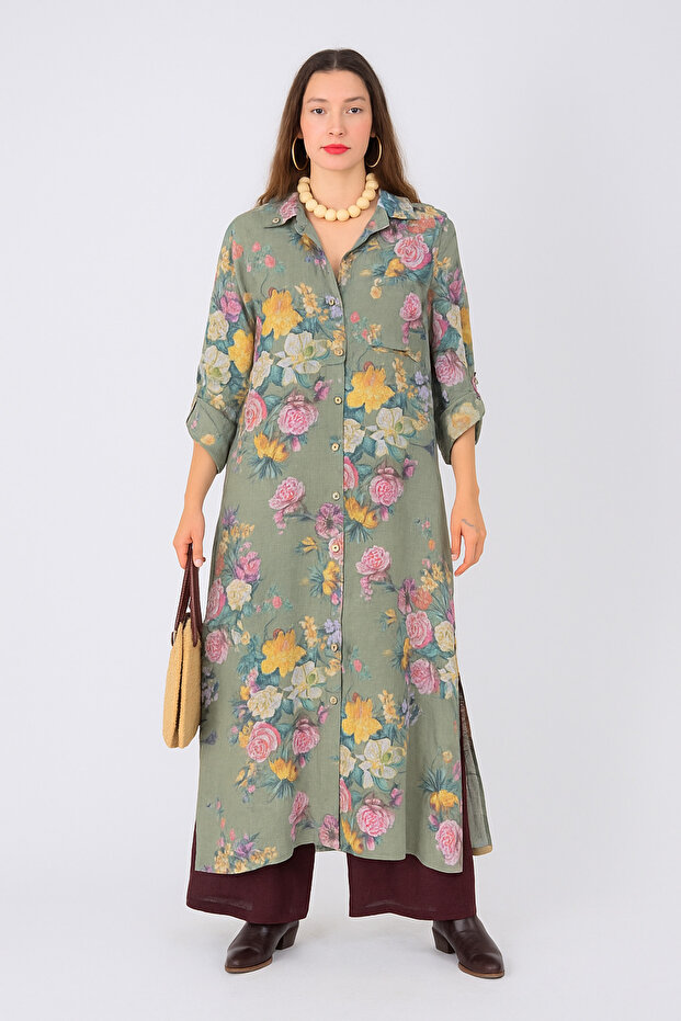 Women's Italian Linen Shawl Pattern Long Shirt Dress