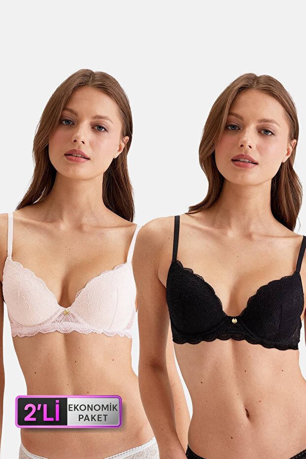 Economic Pack of 2 Powder-black4731001-2 Rome Underwire Soft Push Up Lace Bra Set