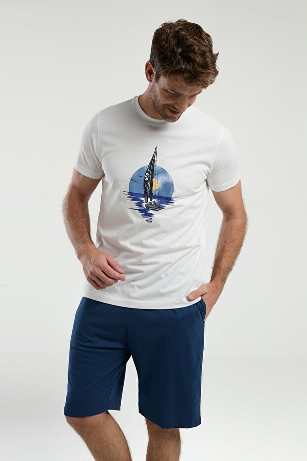 BİSİKLET YAKA KISA KOLLU %100 PAMUK ERKEK ŞORTLU PİJAMA TAKIM - 2