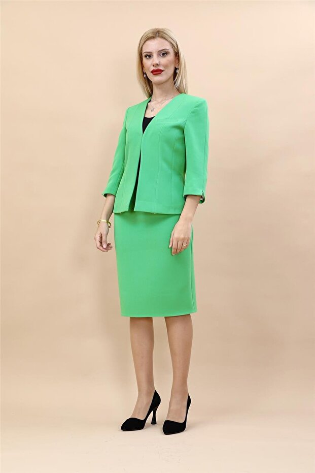 V-Neck Cropped Jacket & Plain Tight Skirt-Green - 1016540