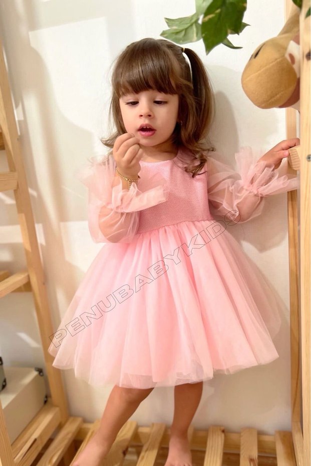 Pink Sparkly Fabric Cuff Ruffled Tulle Skirt Long Tulle Sleeves Girls Kids Baby Girl Dress