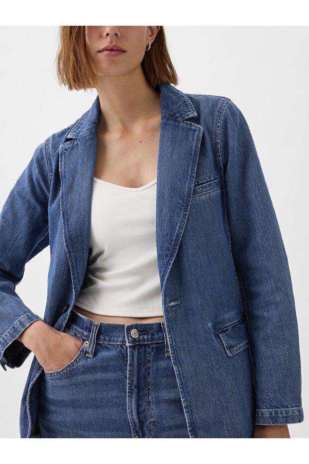 Kadın Mavi Denim Blazer - 3