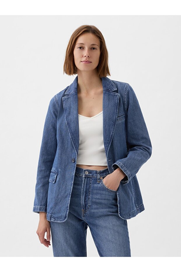 Kadın Mavi Denim Blazer - 1