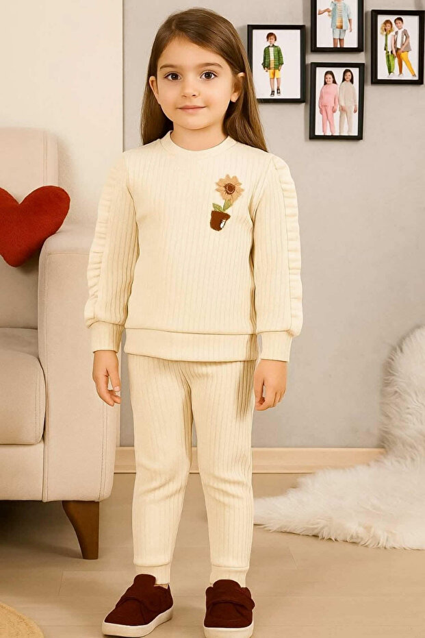 Ribbed Girl's Suit with Ruffle Sleeves