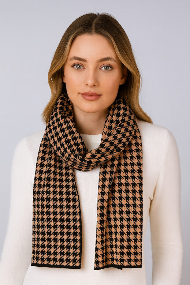 Houndstooth Patterned Knitwear Scarf - 3