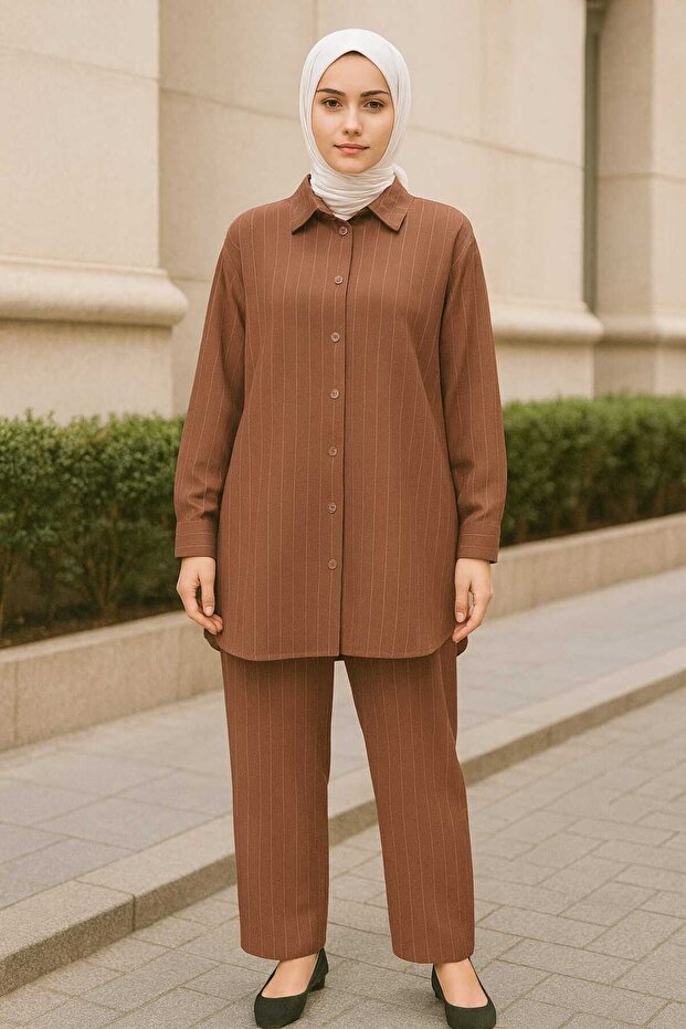 Women's Crepe Lycra Stretchy Striped Fabric Buttoned Elastic Waist Bottom and Top Set - 1