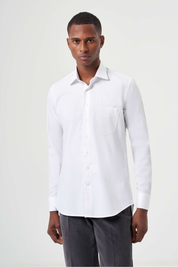 Regular Fit Beyaz Basic Klasik Erkek Gömlek - 1