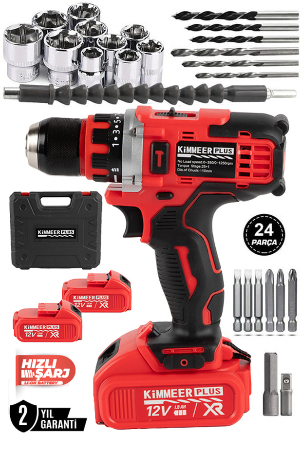KİMMEER PLUS 12V Metal Şanzıman Şarjlı Matkap 24 Parça Akülü Vidalama Akülü Matkap Seti