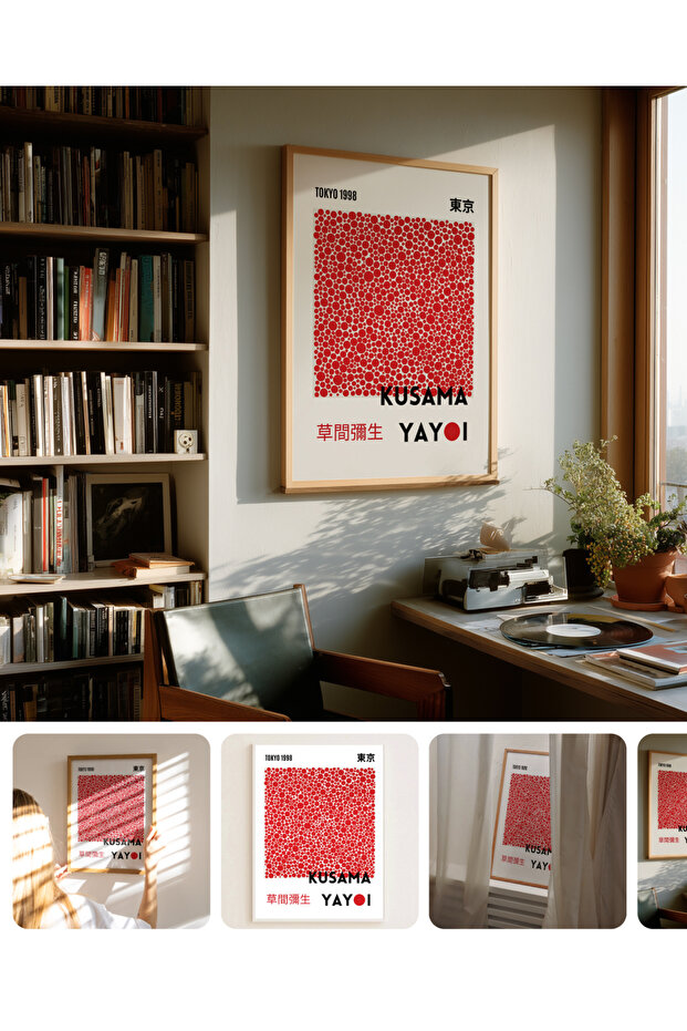 Tokyo Red Dots - Doğal Ahşap Çerçeveli Tablo - İllüstrasyon Poster - Curated By Push - 1