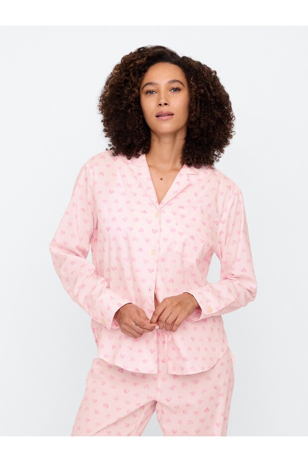 Kadın Pembe Poplin Oversized Pijama Üstü - 1
