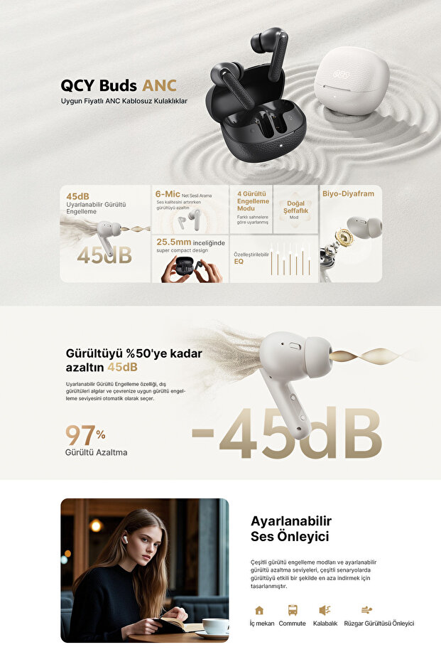 Buds Anc Ht15 Bluetooth Kulaklık 45 Db. Anc 6 Mikrofon Enc Çift Cihaz Ipx4 Siyah - 2