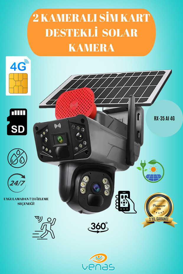 6 Mp Çift Kameralı Ve Sensörlü Güneş Panelli Sim Kart İle Çalışan Kablosuz İp Wifi Güvenlik Kamerası - 1