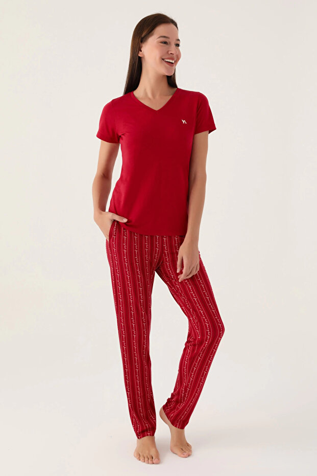 Basics Bordo Kadın Kısa Kol Pijama Takımı - 1