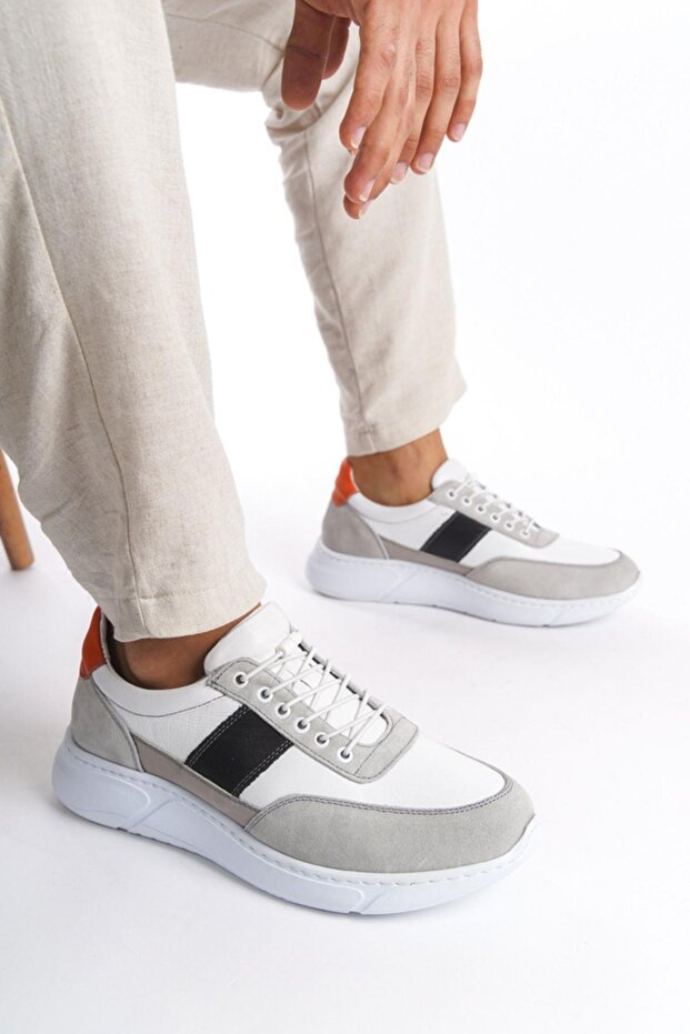 Genuine Leather Men's Sports Shoes & Sneakers Grey/White -Mbknt-Grb