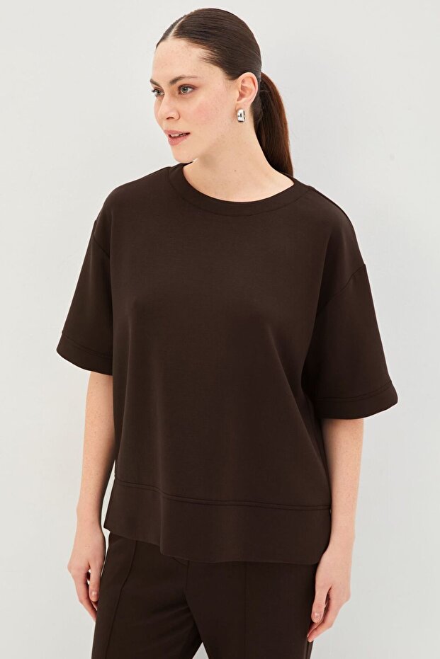 Düz Kesim Oversize Örme Tişört - 1