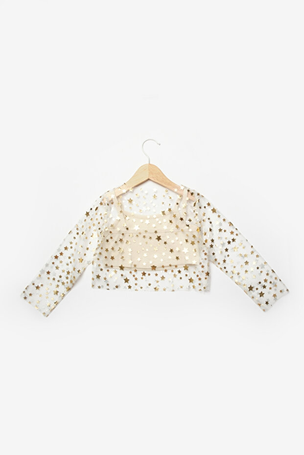 Ekru Uzun Kollu Yıldızlı Kız Çocuk Tül Crop - 5