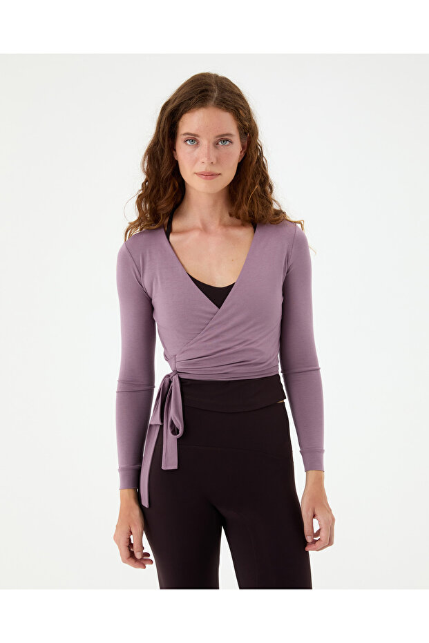 Lilac Purple Ecovero ™ Viscose Long Sleeve Wrap Waist Crop Blouse