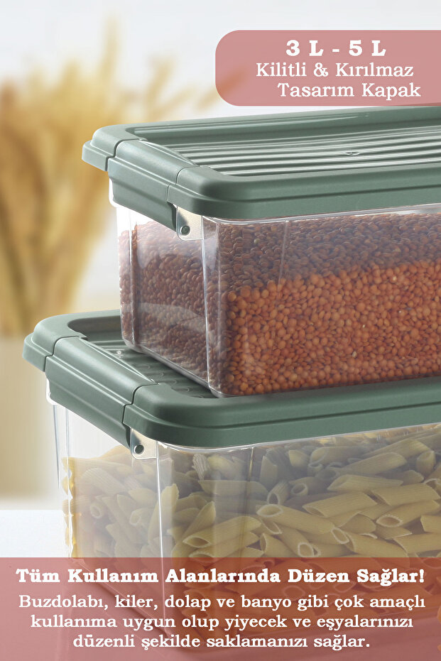 Set of 2 Flour Legumes Food Container with Locking Lid - Multi-Purpose Organizer Detergent Storage Box 3L-5L - 2