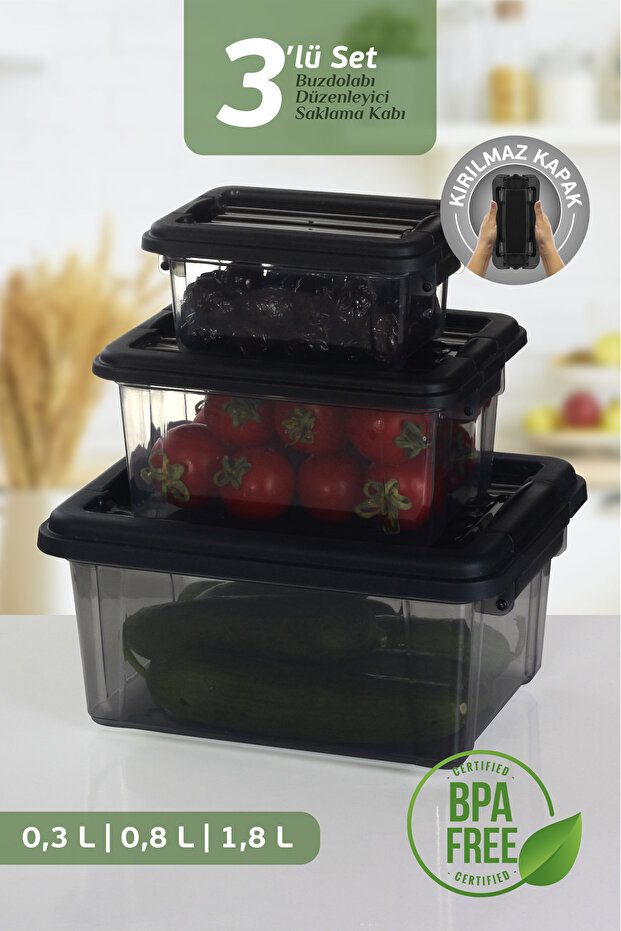 Set of 3 Multi-Purpose Storage Containers with Locking Lids - Refrigerator Organizer Storage Box 0.3-0.8-1.8 Lt - 1