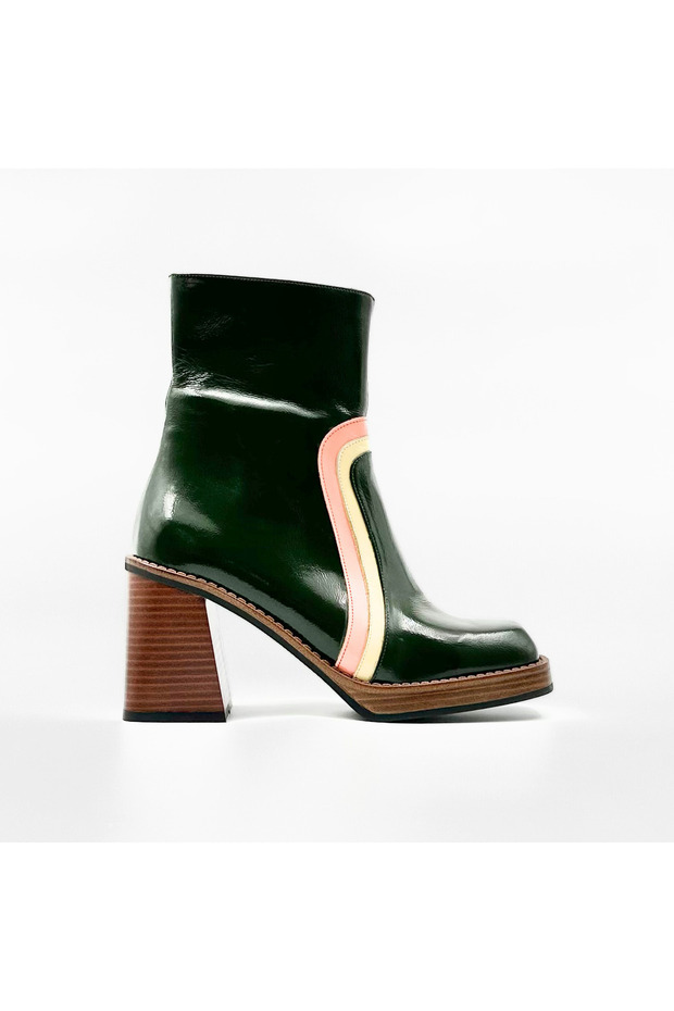 Green Genuine Leather Color Block Heeled Women's Boots