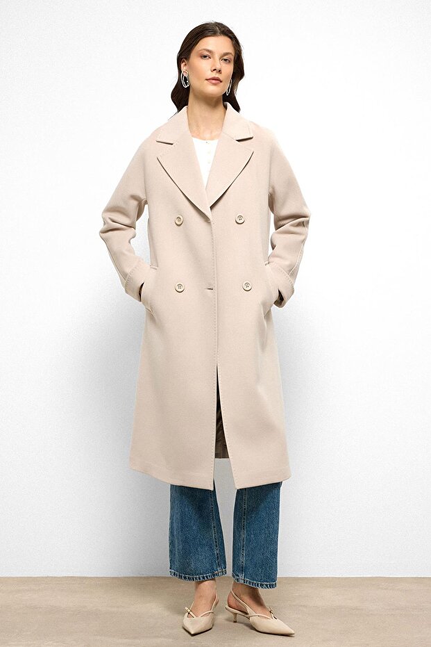 Bat Sleeve Punto Stitching Detailed Cashmere Coat Light Beige 3101
