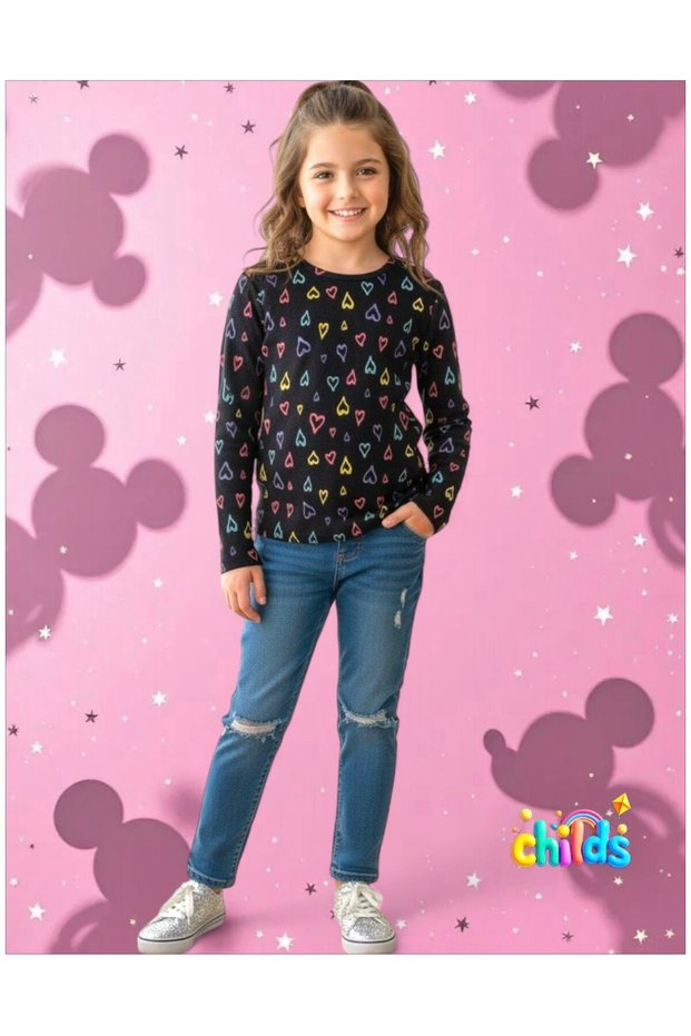 Long Sleeve Camisole Seasonal Black Colorful Printed Girl's T-Shirt