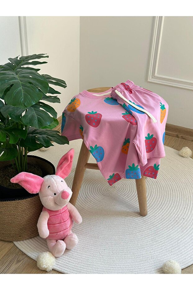 Renkli Çilek Detaylı Şortlu Takım - Kız Çocuk - 2