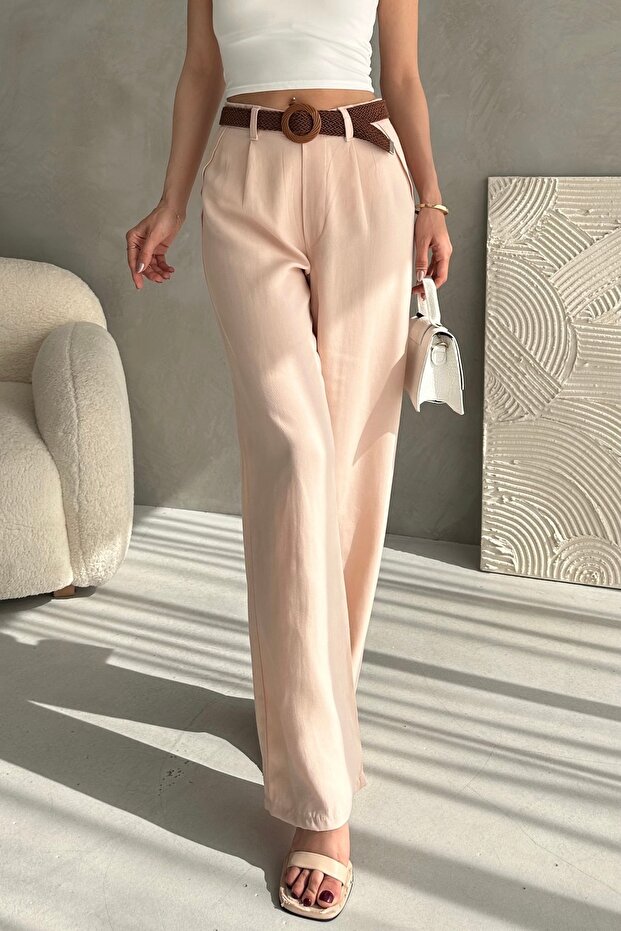 Women's High Waist Belted Pipe Leg Linen Trousers Light Beige