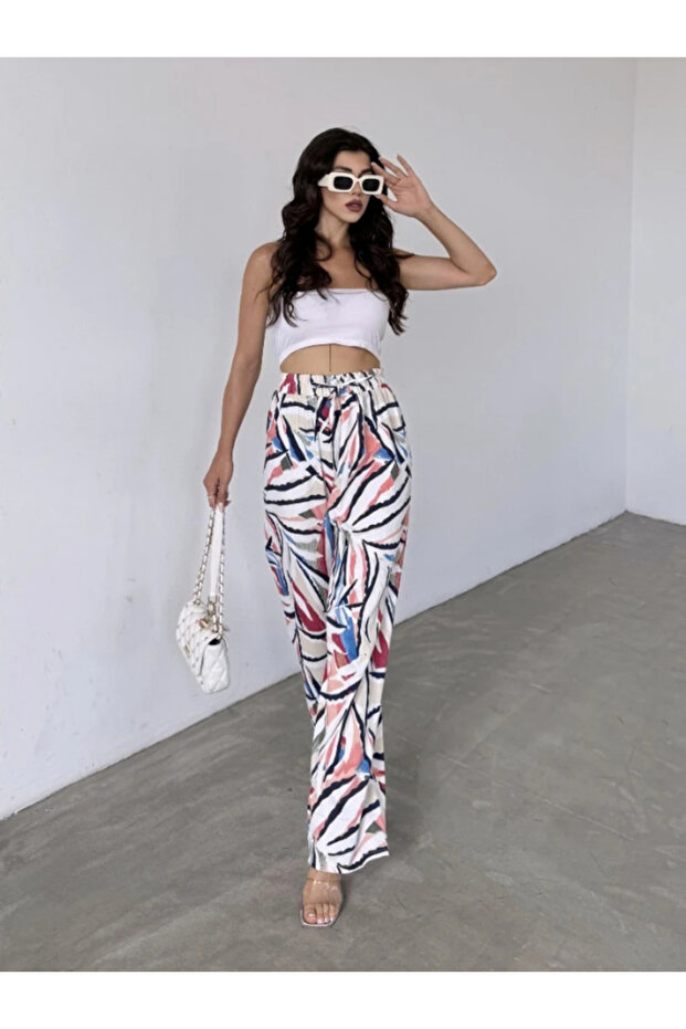Women's High Waist Elastic Patterned Palazzo Trousers White