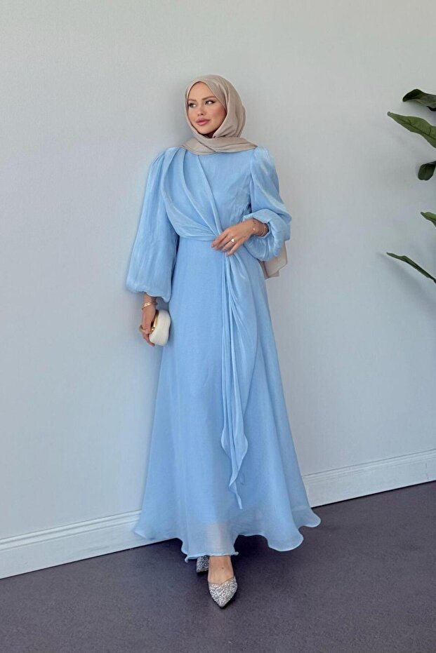 Pırıl Tie-Up Evening Dress Baby Blue