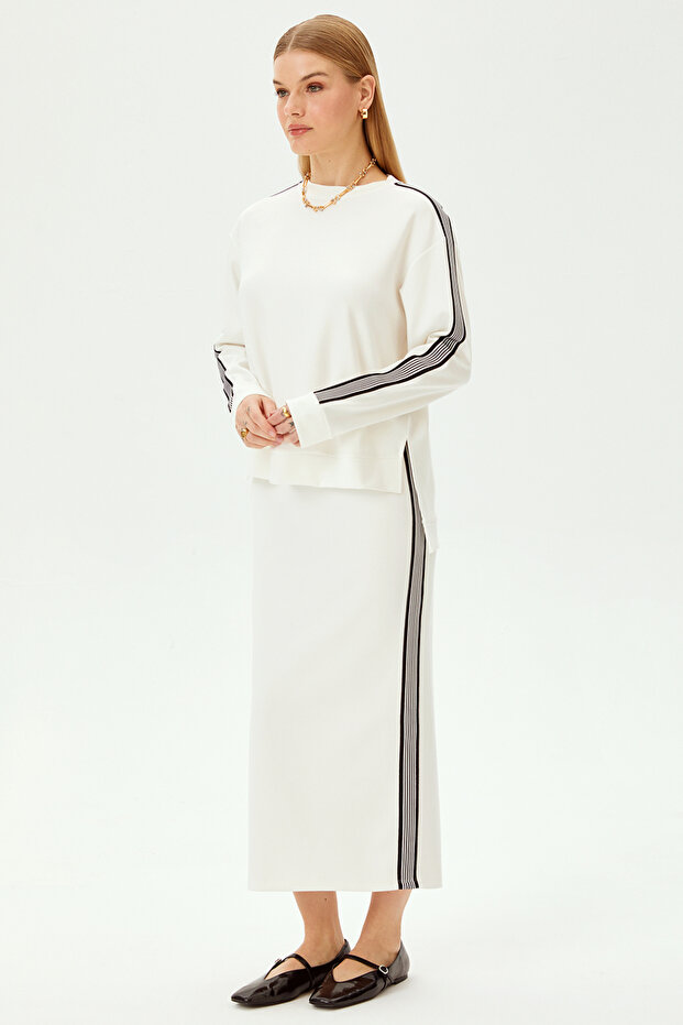 Çizgi Detaylı Oversize Ekru Sweatshirt - 6