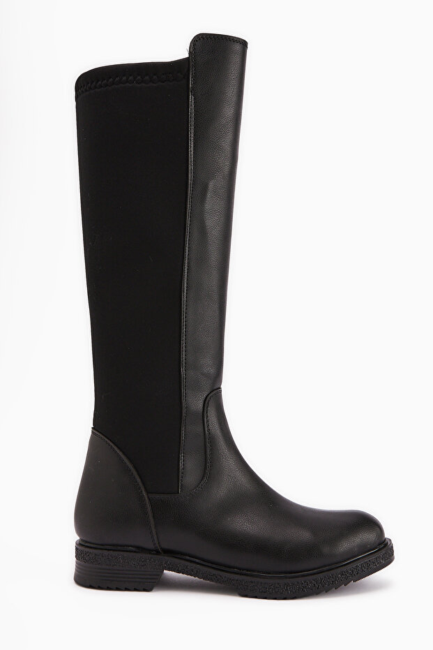 Benedikta Black Oval Toe Diving Women's Boots with Stretch Fabric Detail