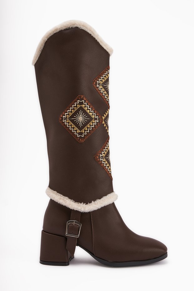 Hilka Brown, Bitter Brown Color Ethnic Patterned Women's Boots with Removable Heel, Women's Bootie-Women's Boots