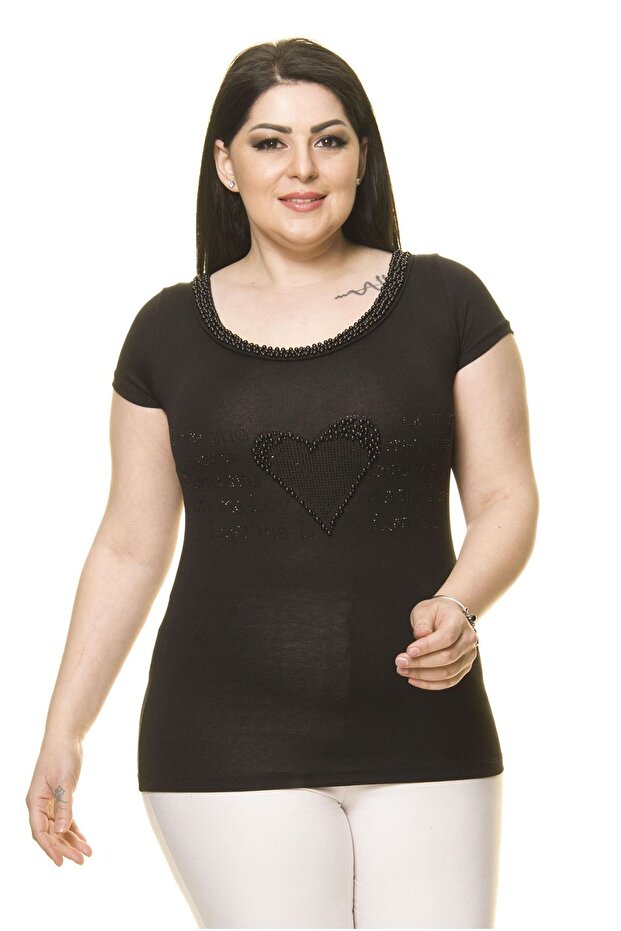 Women's Plus Size Black Pearl Stone Embroidered Bodysuit 17E-70013-1