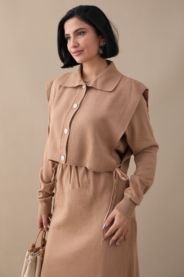 Bolerolu Elbiseli Camel Takım - 3