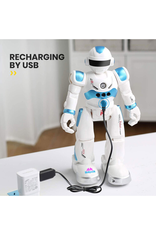 Rc El Sensörlü Uzaktan Kumandalı Şarjlı Akıllı Yapay Zeka Robot 28 Cm Mavi - 8
