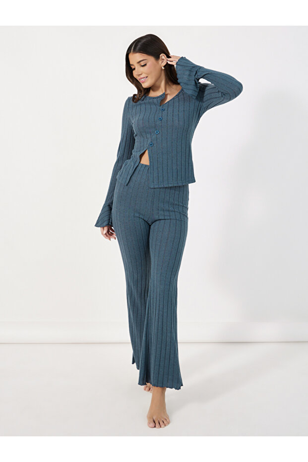 Asymmetric Neck Rib Front Slit Top and Flared Pants Pyjama Set