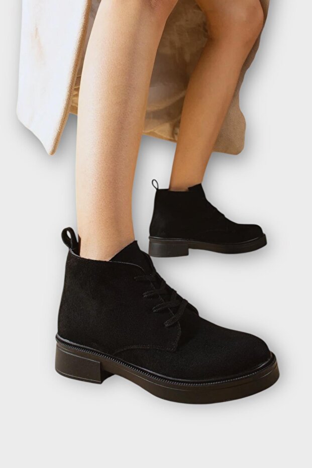 Kadın Nubuk Bağcıklı Yüksek Kauçuk Taban Bot SİYAH - 6