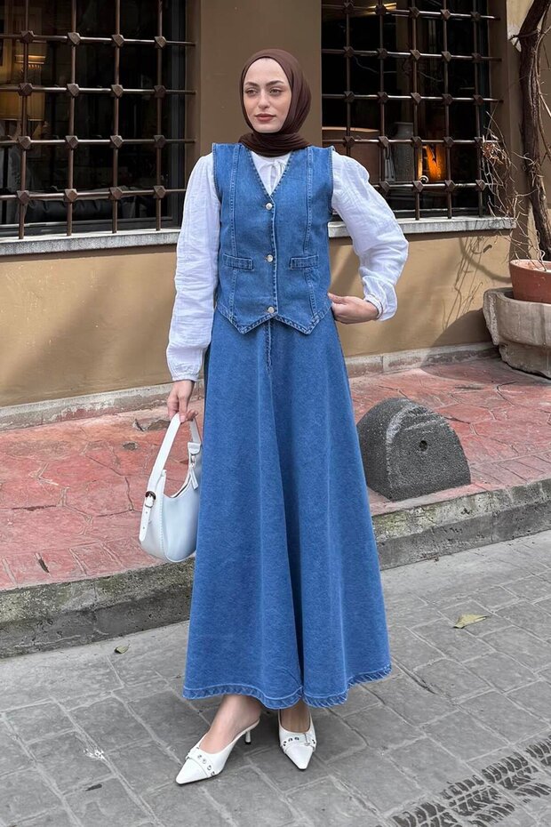 Kruvaz Closure Denim Skirt Suit Dark Blue