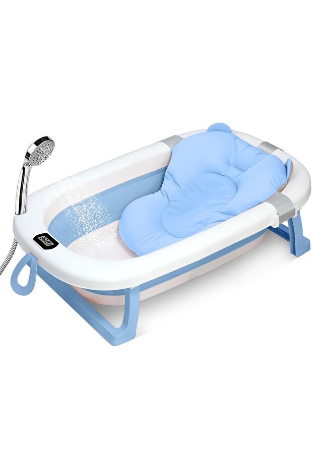 Baby Foldable Bathing Tubs with Soft Bathmat Cushion & Thermometer, NewBorn Babybath Tub with Drain Hole, Non-Slip Support Leg for 0-6 Years Boy Girl (Blue)