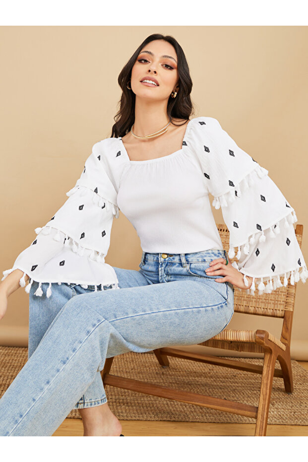 Embroidered Square Neck Tiered Sleeves Top