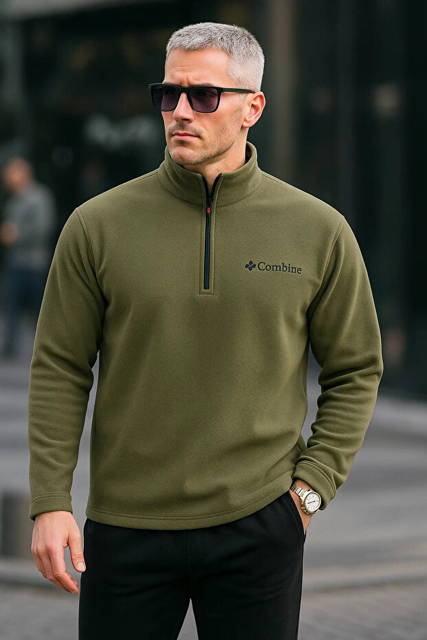 Men's Half Zipper Khaki Slim Fit Fleece Sweatshirt