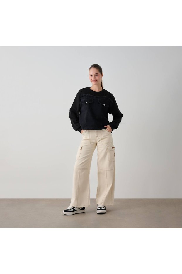 Girl's 3-Thread Sweat with Denim Pockets on the Bottom