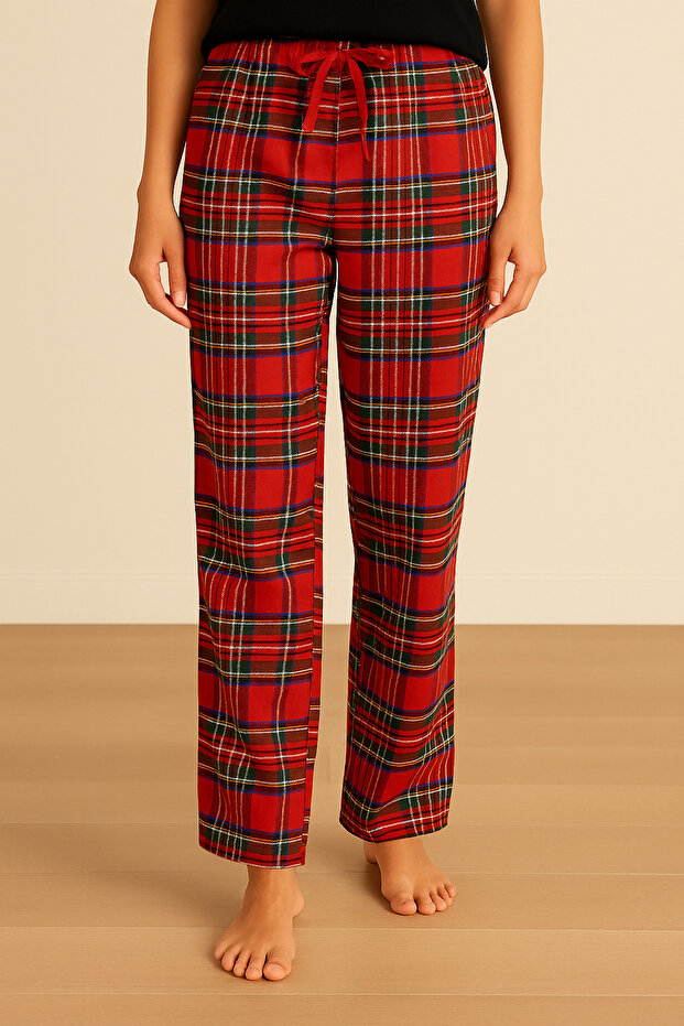 Kırmızı Ekose Desenli Tek Alt Pijama - 3