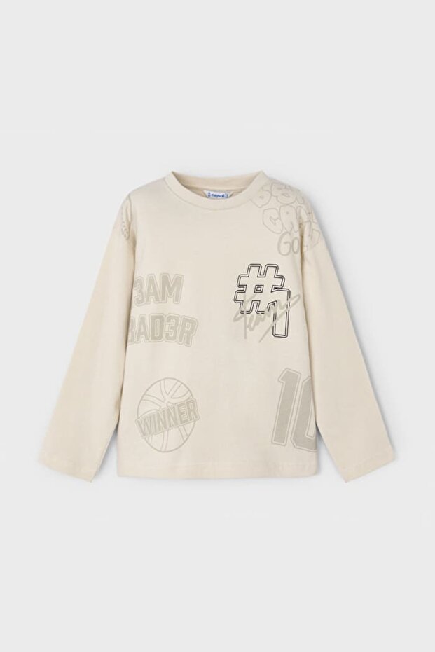 Boys' Basketball Themed Graphic Printed Long Sleeve T-Shirt - Beige