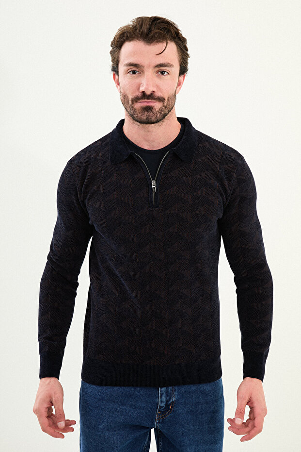 Patterned Slim Fit Zippered Polo Collar Chenille Fabric Men's Knitwear Sweater Navy Blue - 11555.25K