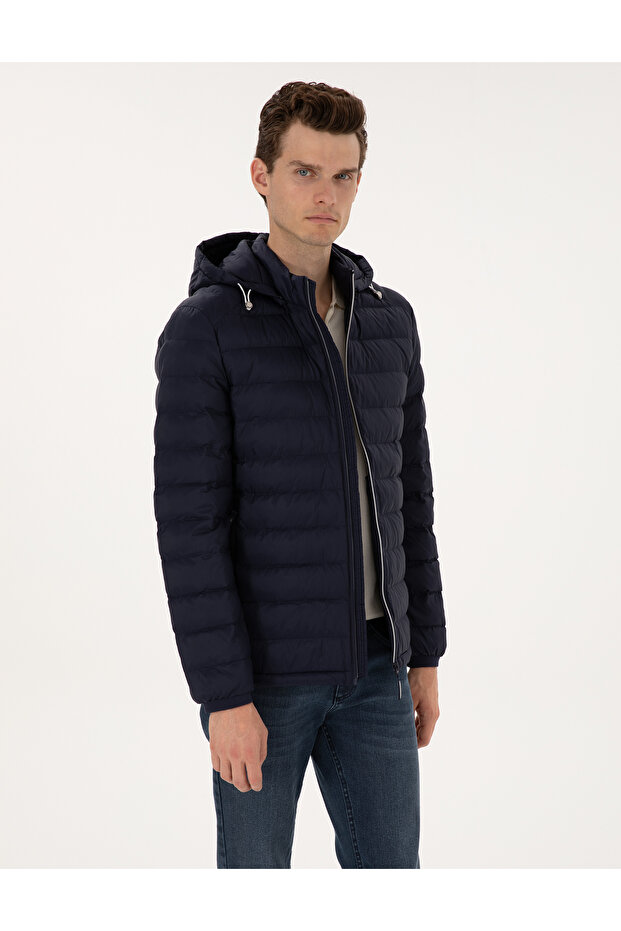 Navy Blue Quilted Hooded Coat 50310193-Vr033